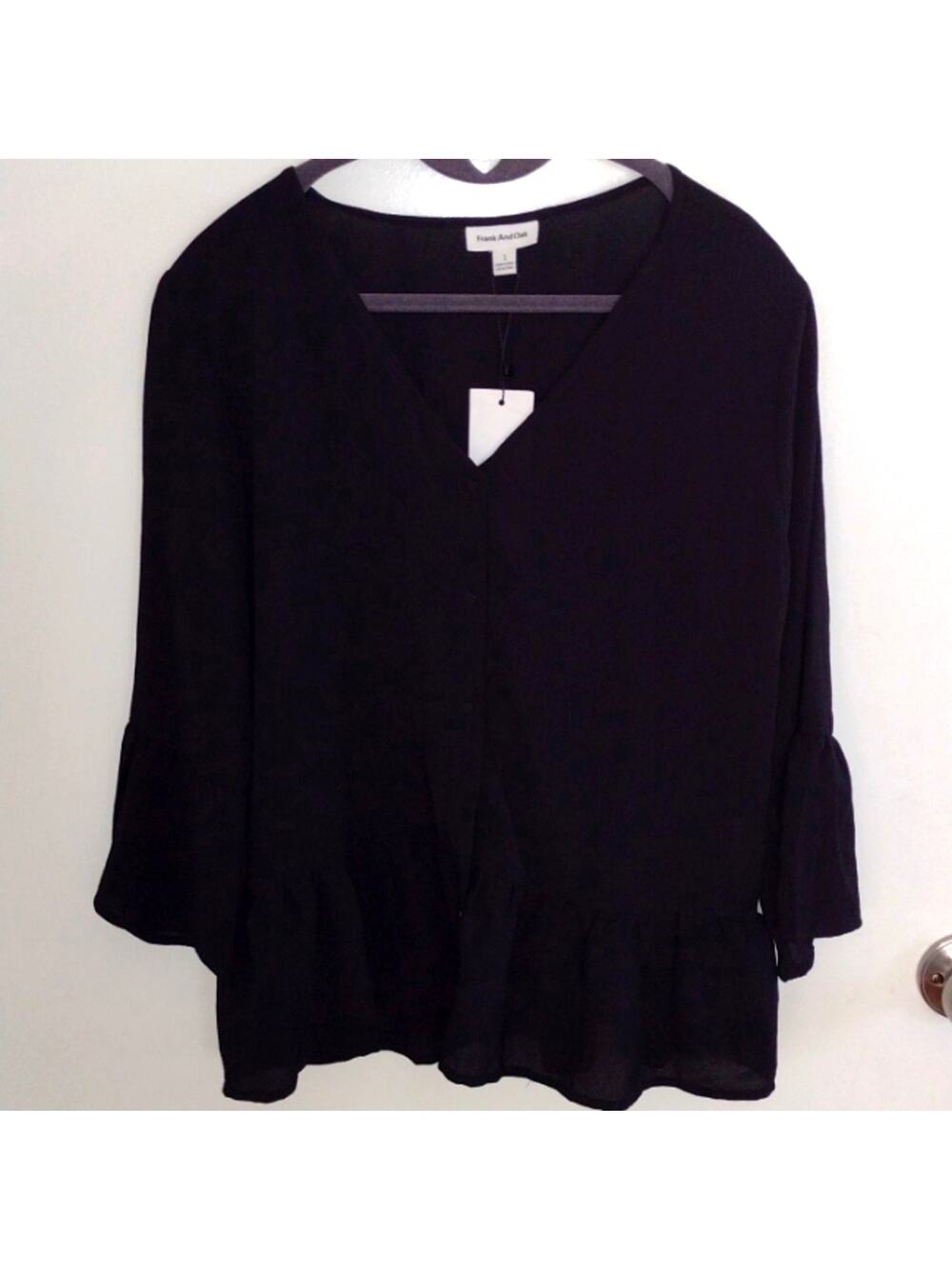 NWT Frank and Oak Black Peplum Bell Sleeve Semi Sheer Lightweight Blouse Size L